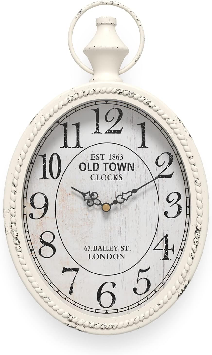 Small Vintage-Style Oval Wall Clock (Antique-Inspired, White Nostalgic Design) (11.2" H x 6.7" W)