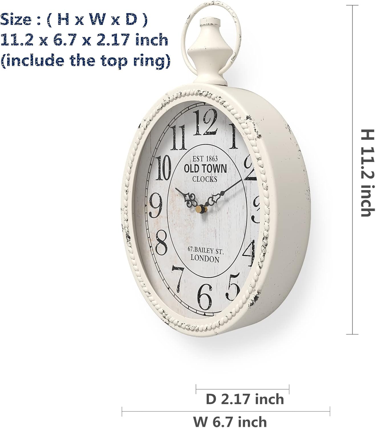 Small Vintage-Style Oval Wall Clock (Antique-Inspired, White Nostalgic Design) (11.2" H x 6.7" W)