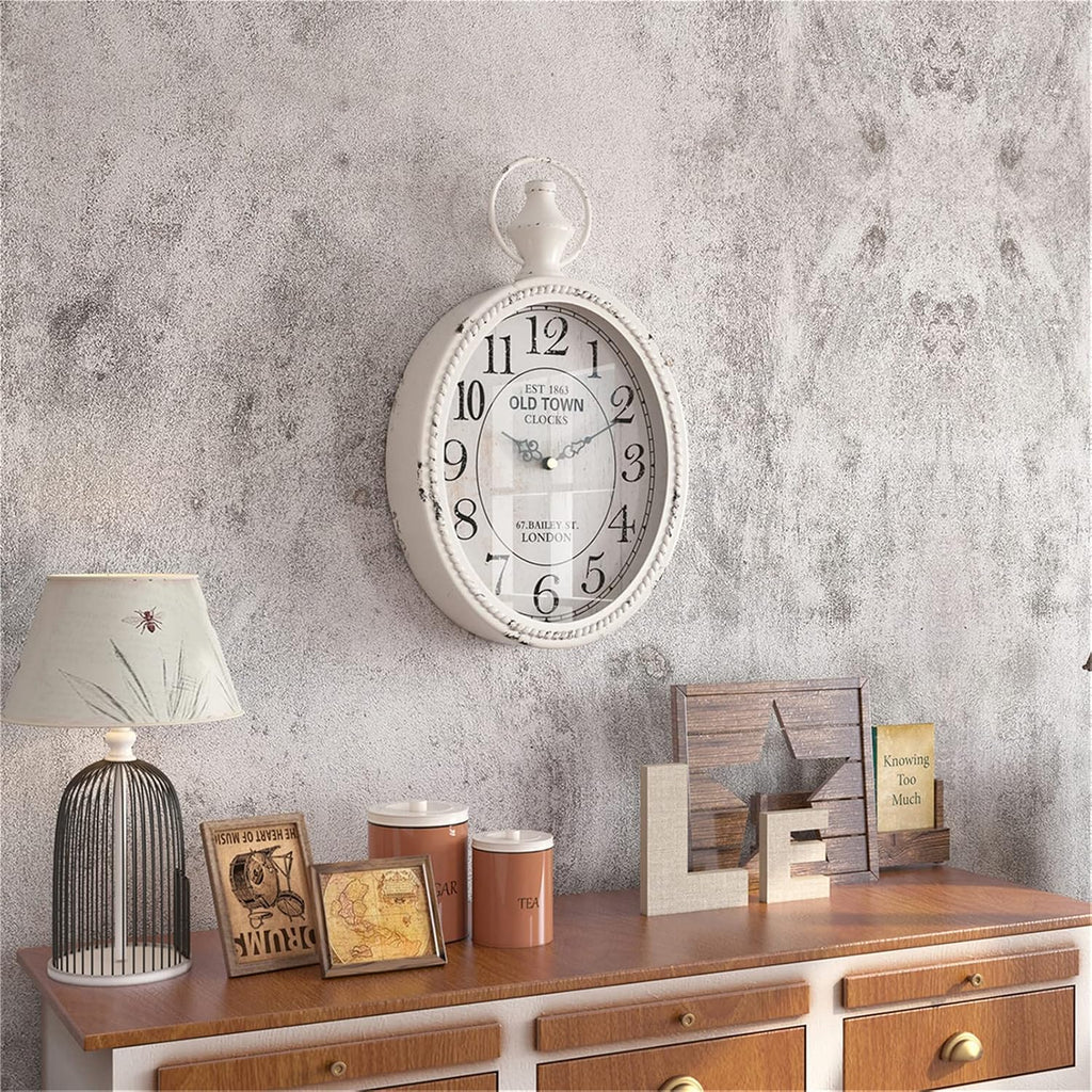 Small Vintage-Style Oval Wall Clock (Antique-Inspired, White Nostalgic Design) (11.2" H x 6.7" W)